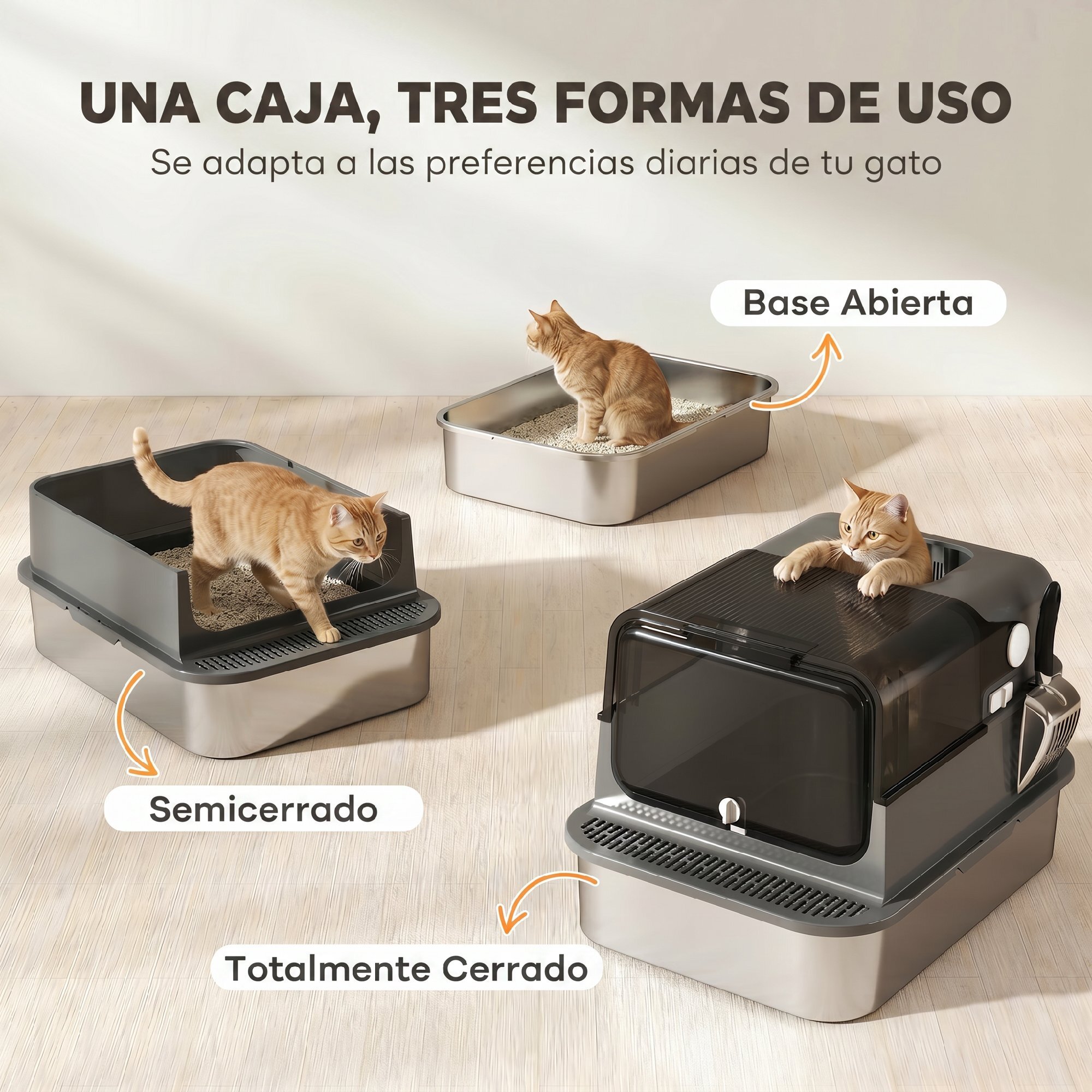 Arenero para Gatos de Acero Inoxidable XXL, Caja de Arena para Gatos Grandes, Arenero con Tapa Abatible, Laterales Altos, Entrada Superior, Pala, sin Olores, Fácil de Limpiar, Antifugas, Negro