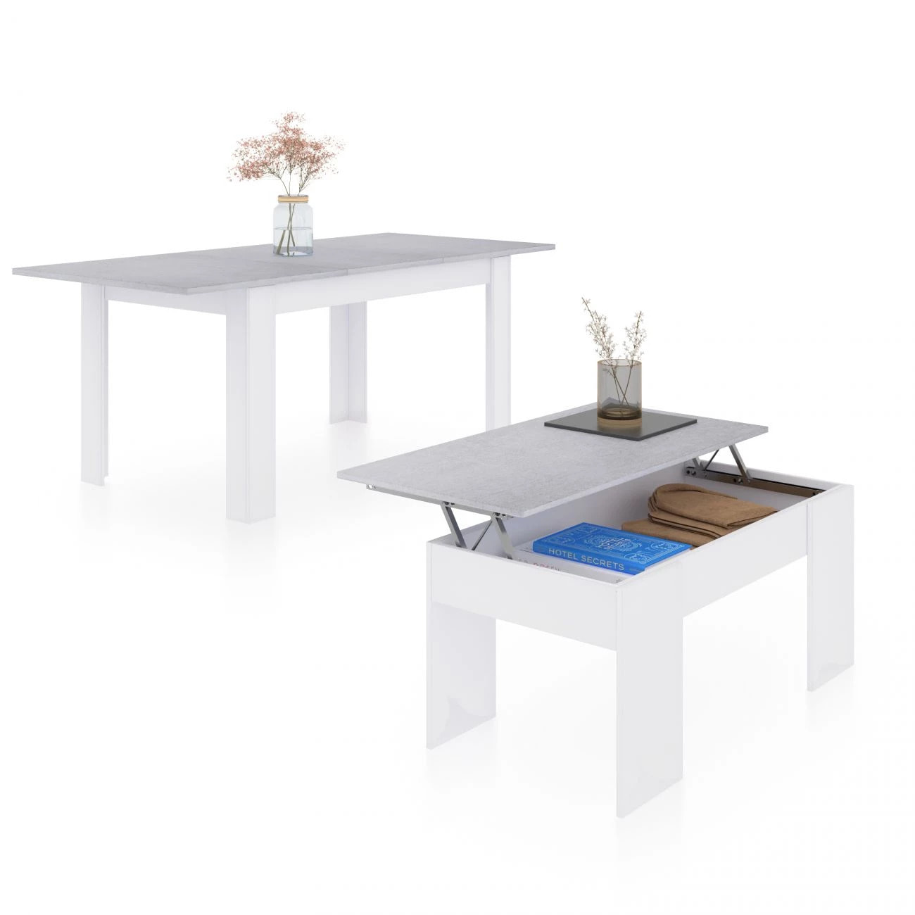 Pack mesa de comedor 140 y mesa de centro Vita Blanco Artik (Blanco Mate) - Gris Cemento