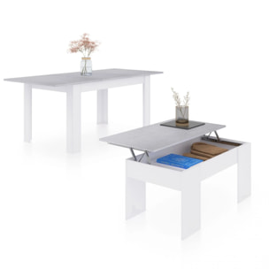 Pack mesa de comedor 140 y mesa de centro Vita Blanco Artik (Blanco Mate) - Gris Cemento