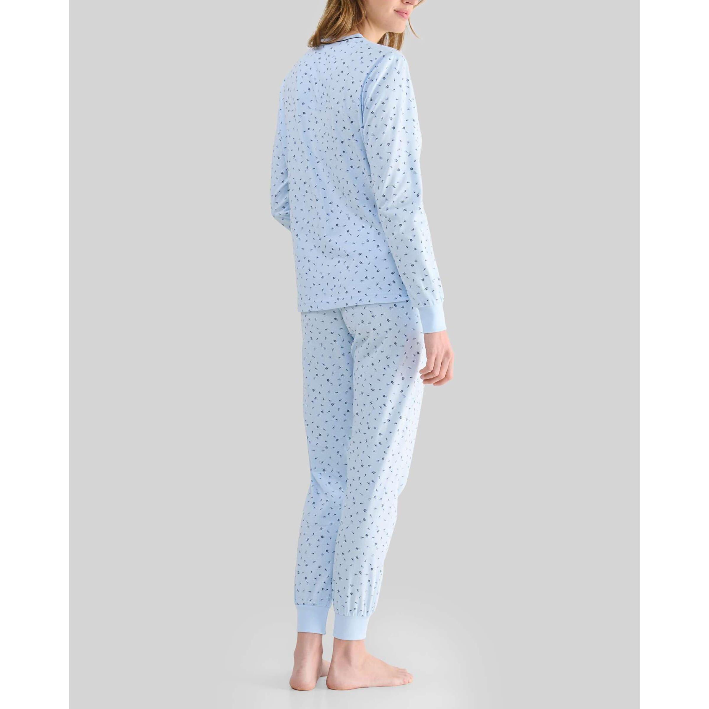 Pijama mujer estampado florecitas, escote redondo, abertura de botones, puños elásticos, cómoda manga larga y pantalón largo