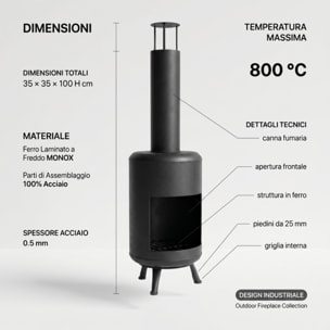 Caminetto da esterno in acciaio Darwin 100 cm, braciere a legna verticale con griglia interna, stufa outdoor resistente fino a 800°C, design industriale moderno, ideale per giardino terrazzo patio e balcone