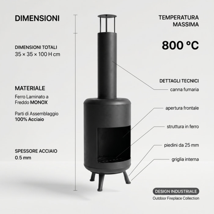 Caminetto da esterno in acciaio Darwin 100 cm, braciere a legna verticale con griglia interna, stufa outdoor resistente fino a 800°C, design industriale moderno, ideale per giardino terrazzo patio e balcone