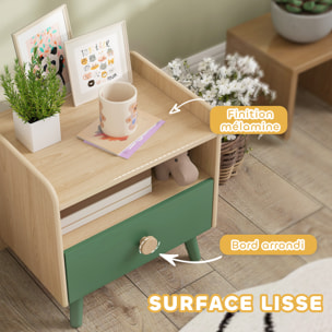 Chevet table de nuit enfant style nordique - tiroir, niche, plateau - aspect bois vert