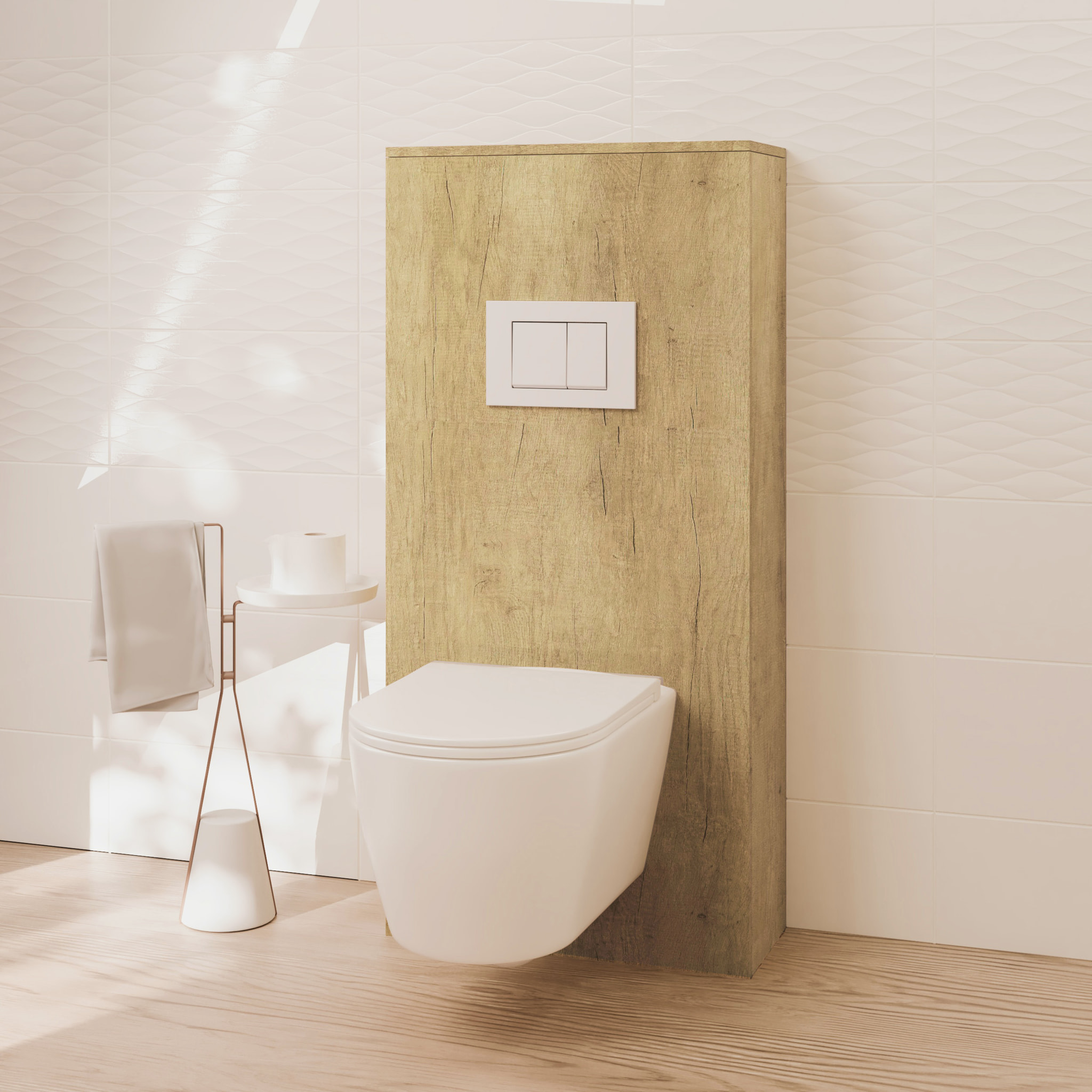 Pack Wc Suspendu + Châssis + Boîtier de Support Nature | Toilette Blanc Mat | Bouton Blanc | Réservoir Encastré | Couvercle Amorti | Alday