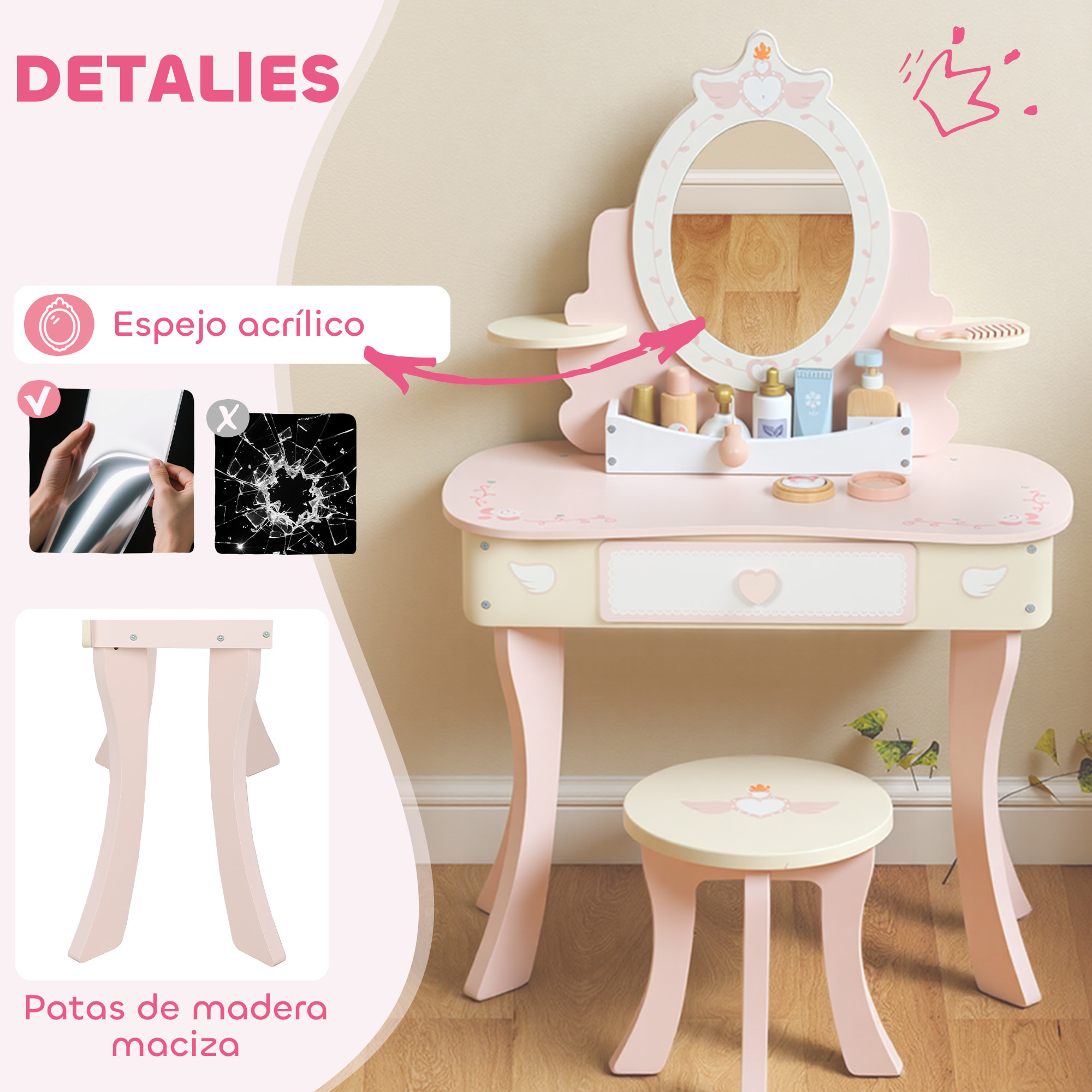 Tocador para Niñas, Tocador de Maquillaje Niñas, 2 en 1, Escritorio, con Taburete, Espejo, Cajón, 7 Accesorios, a Partir de 3 Años, Rosa