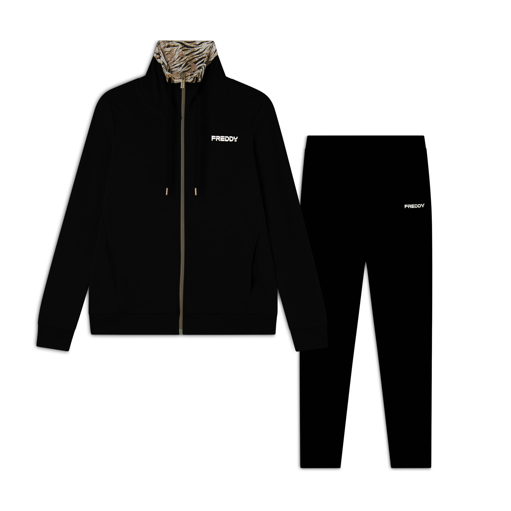 Tuta interlock con zip e collo alto interno fantasia