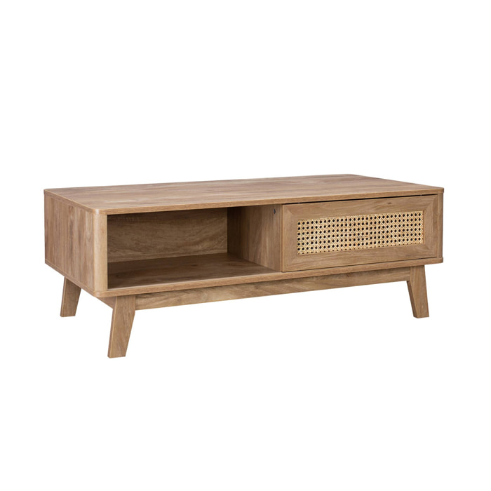 Table basse avec 2 niches. 1 porte coulissante. effet bois et cannage. pieds eucalyptus
