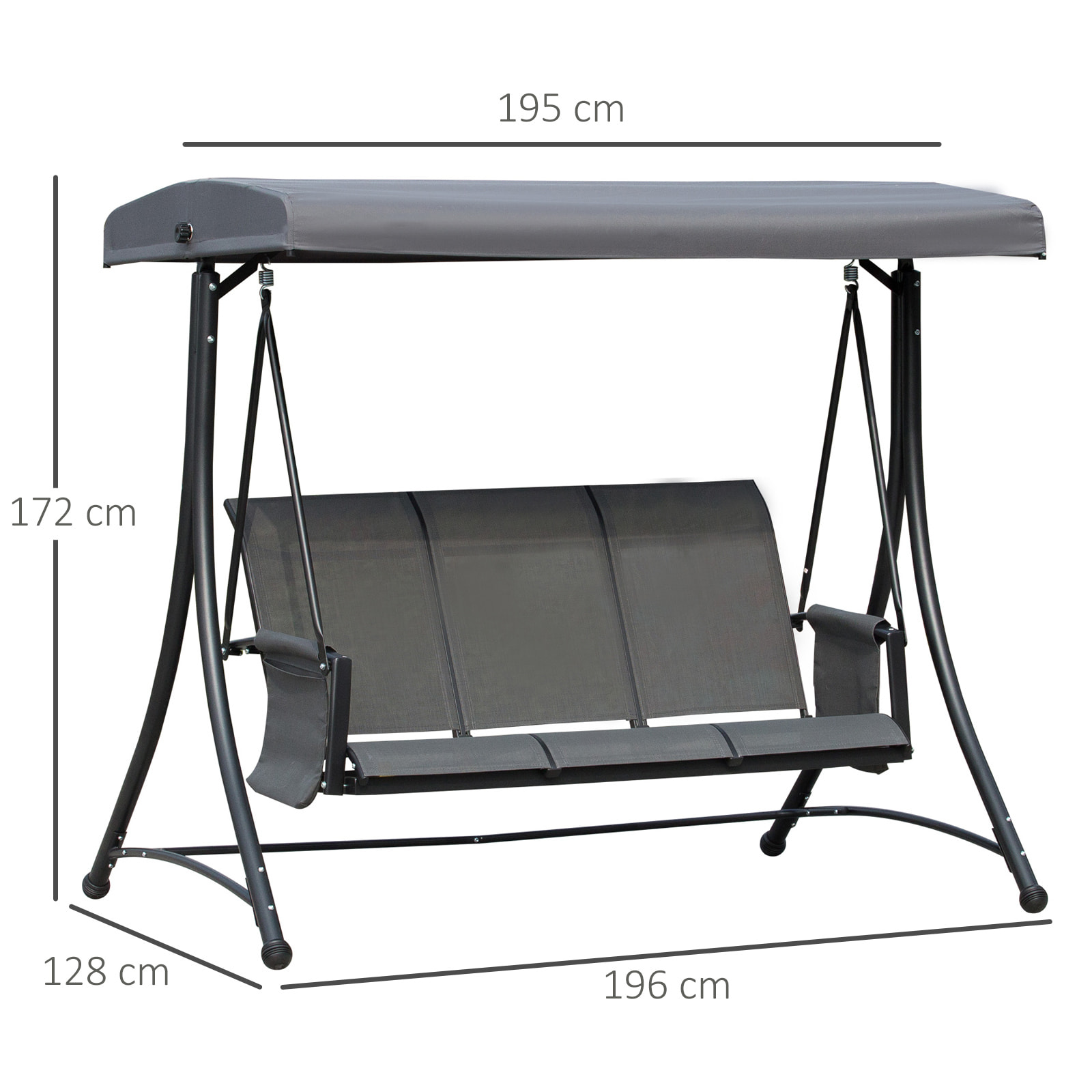 Columpio de Jardín de 3 Plazas Balancín de Jardín Exterior con Toldo Ajustable Bolsillos Laterales y Marco Metálico Carga 300 kg 196x128x172 cm Gris Oscuro