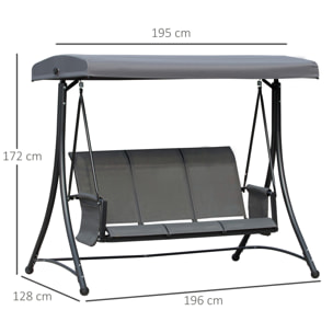 Columpio de Jardín de 3 Plazas Balancín de Jardín Exterior con Toldo Ajustable Bolsillos Laterales y Marco Metálico Carga 300 kg 196x128x172 cm Gris Oscuro