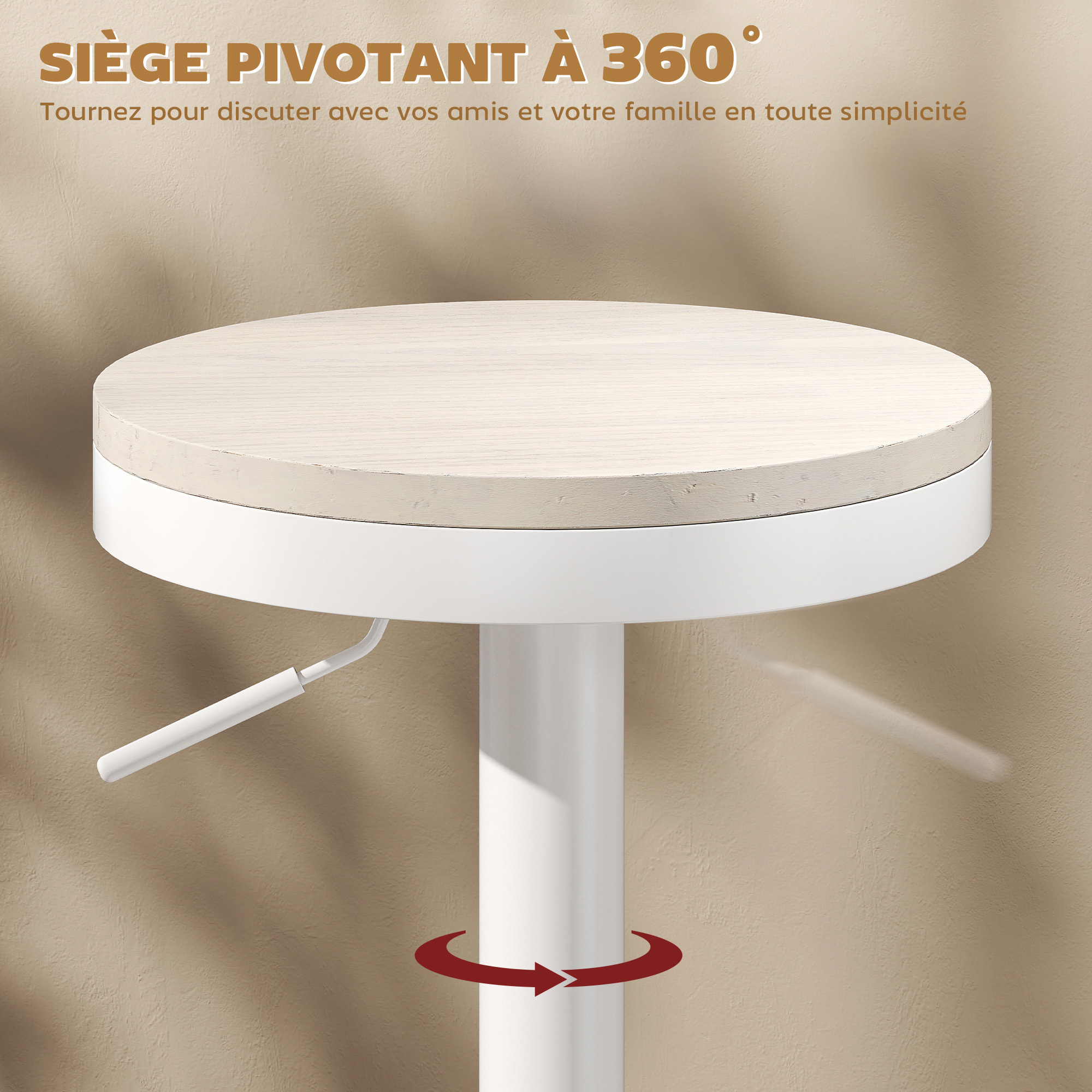 Lot de 2 tabourets de bar réglables pivotants assise ronde bois hévéa acier blanc