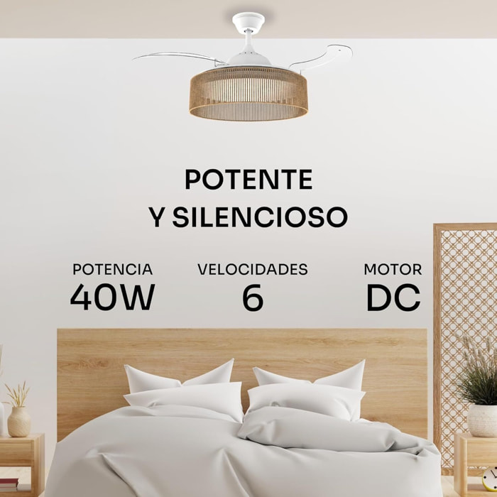 Mellerware - Ventilador de Techo Brizy Bright Rattan 40W | Luz LED, 6 Velocidades, 106 cm, Ultra Silencioso, Verano-Invierno y Temporizador