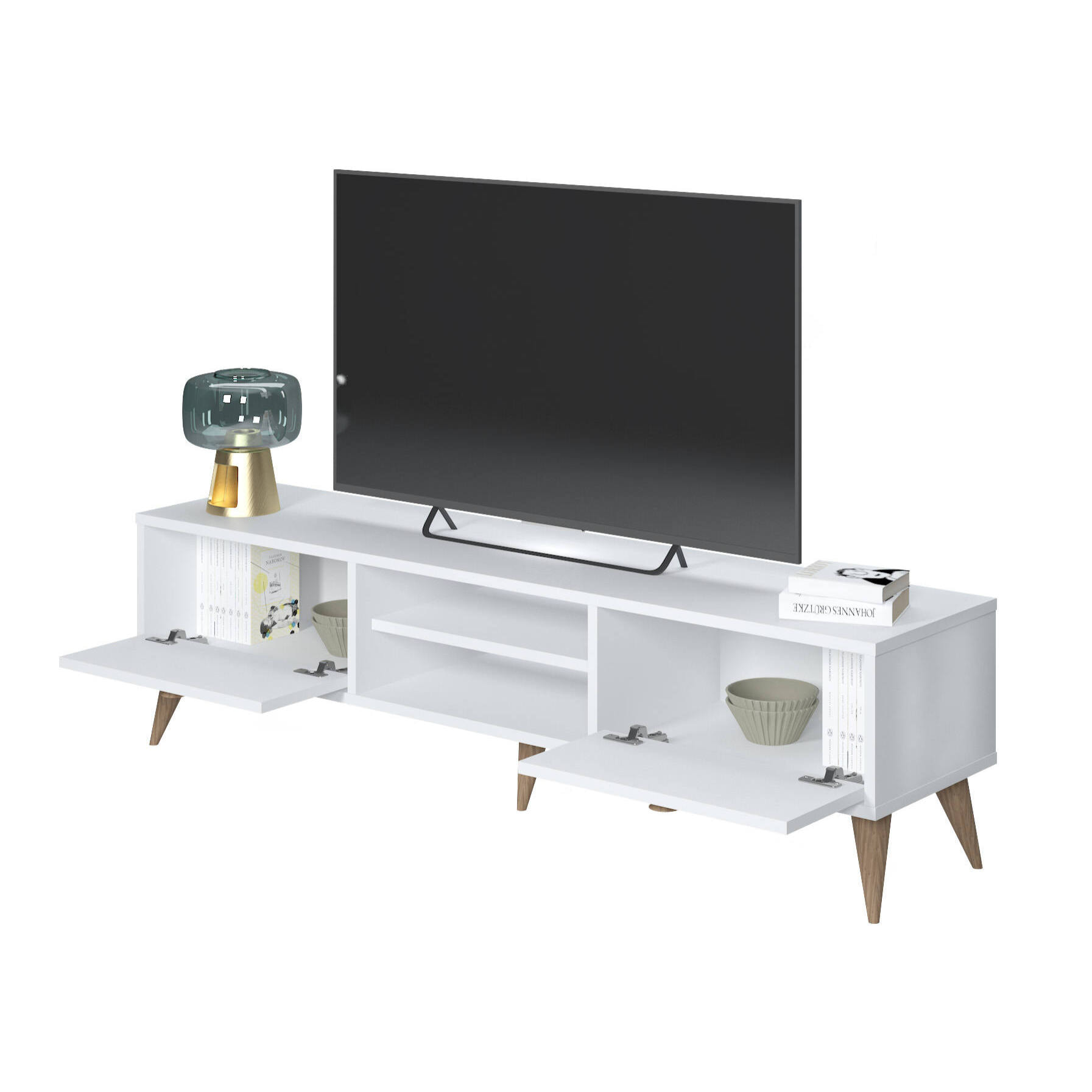 Mobile da soggiorno porta TV con due antine e due vani centrali, cm 152 x 35 x 40, colore bianco