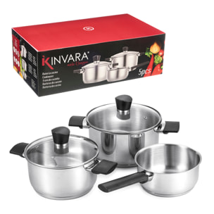 Set da cucina in acciaio con 5 pezzi. 2 pentole, 2 coperchi e 1 mestolo.