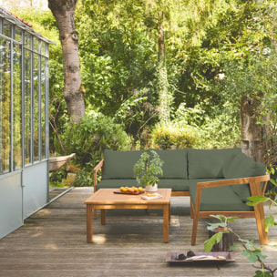 Salon de jardin d'angle kaki en acacia 5 places LOBERIA CORNER. table carrée