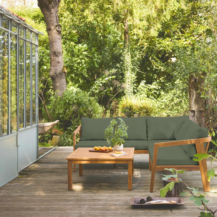 Salon de jardin d'angle kaki en acacia 5 places LOBERIA CORNER. table carrée
