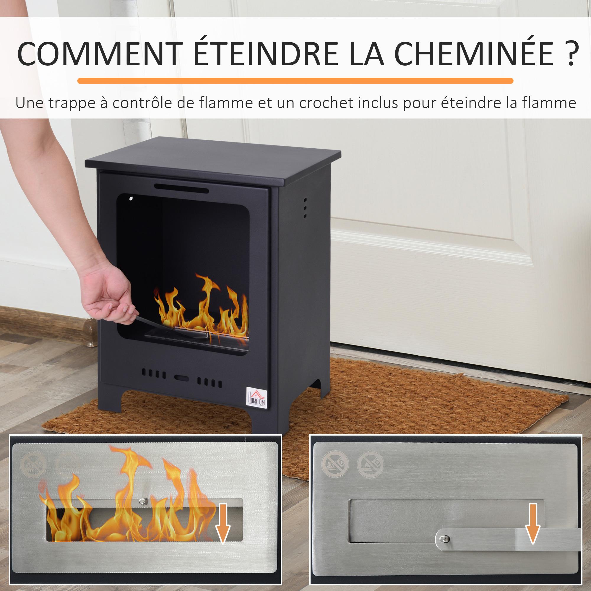 Cheminée bioéthanol sur pieds style néo-rétro poêle 1 brûleur 1,5 L dim. 40L x 30l x 50H cm couverture 20-25 m² noir