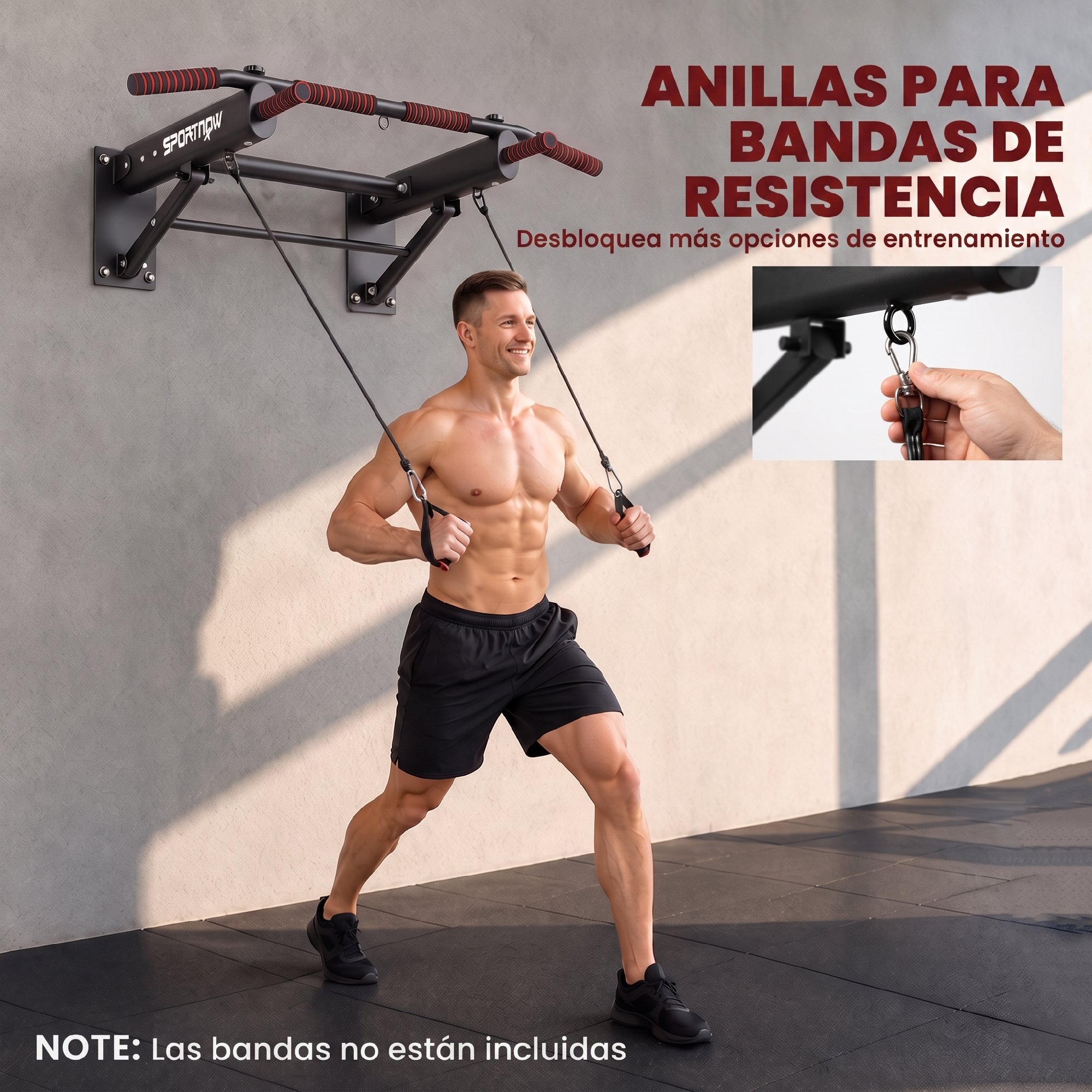 SPORTNOW Barra de Dominadas para Pared Plegable, Barra de Dominadas con 3 Anillas para Bandas de Resistencia, Agarres Antideslizantes, Carga 120 kg, para Entrenamiento en Casa, Gimnasio, Negro