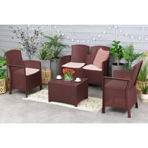 Set salotto da esterno Urano, Set da giardino con cuscini, Salottino indoor e outdoor effetto rattan, 100% Made in Italy, Marrone