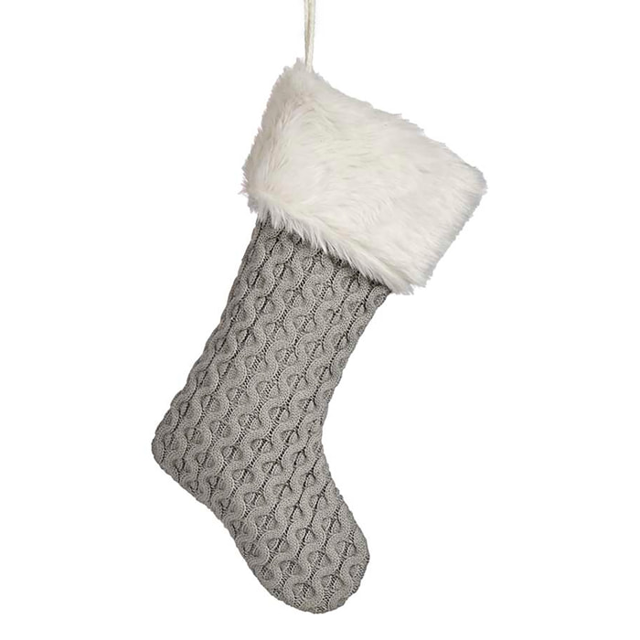 Calcetín decorativo navideño con diseño gris y blanco.