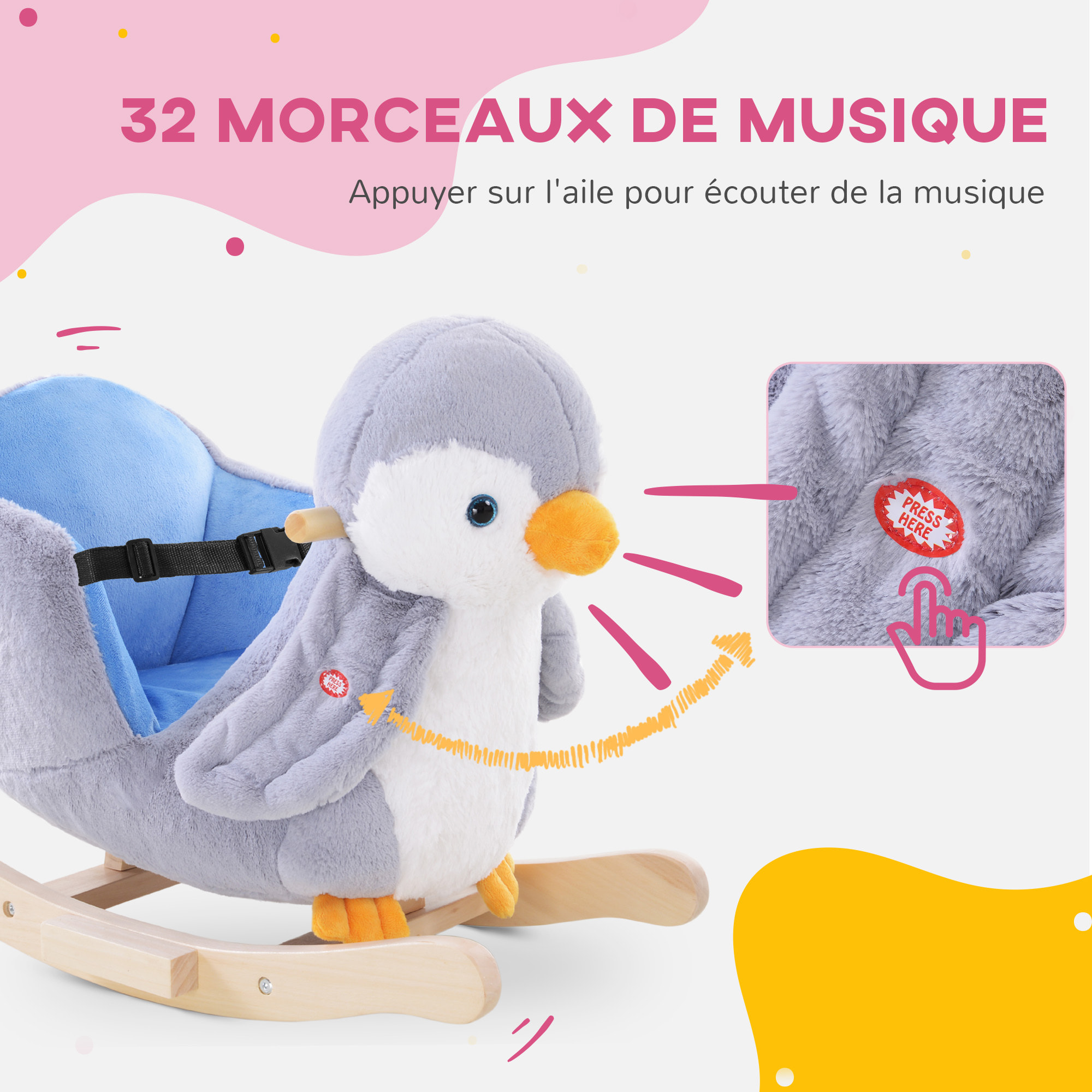 Jouet à bascule pingouin pour enfant +18 mois effet sonore poignées siège ceinture réglable gris