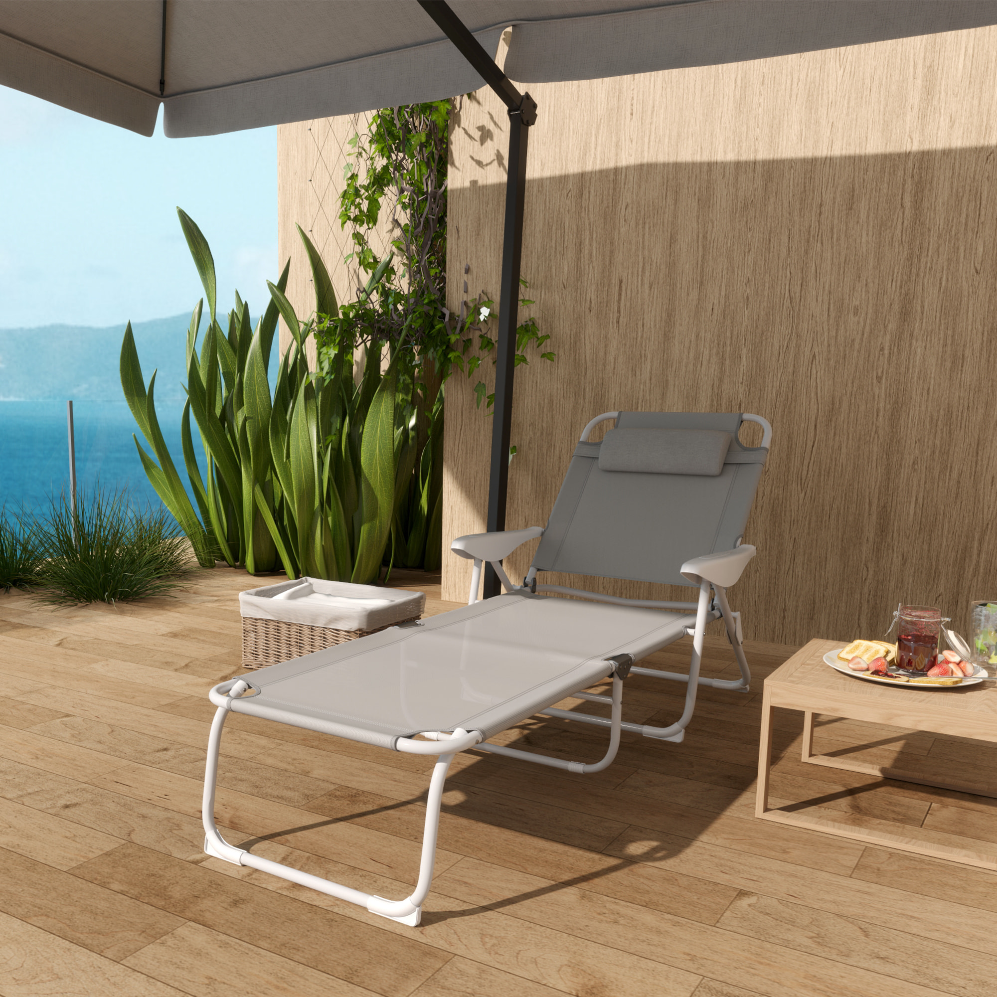 Tumbona Plegable Tumbona Jardín Exterior con Respaldo Ajustable Reposacabezas Extraíble y Estructura de Metal Carga 120 kg para Terraza Piscina Playa 160x66x98 cm Gris
