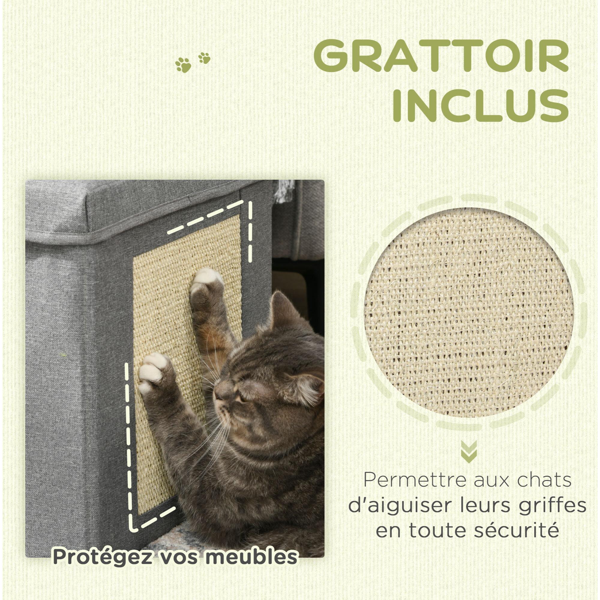 Panier chat grattoir pouf pliable 3 en 1 - coussin amovible lavable, grattoir - MDF tissu aspect lin gris