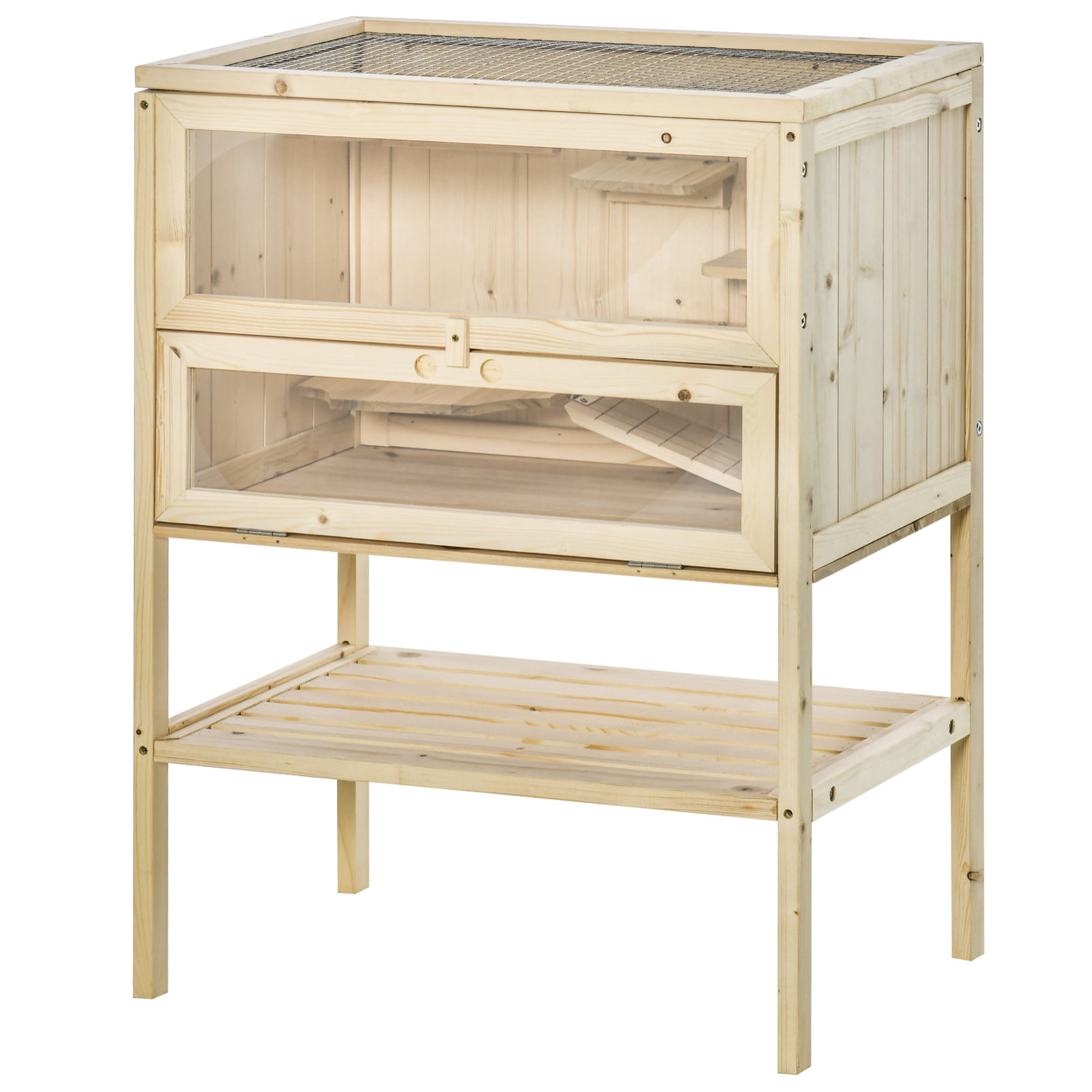 Cage hamster en bois sur pieds - étagère, plateformes, rampe - toit ouvrant, trappe nourrissage