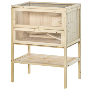 Cage hamster en bois sur pieds - étagère, plateformes, rampe - toit ouvrant, trappe nourrissage