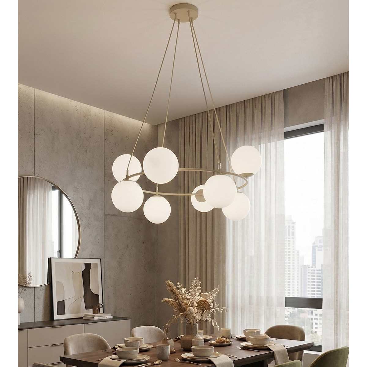 Lampada a sospensione Azura in acciaio beige e vetro opalino
