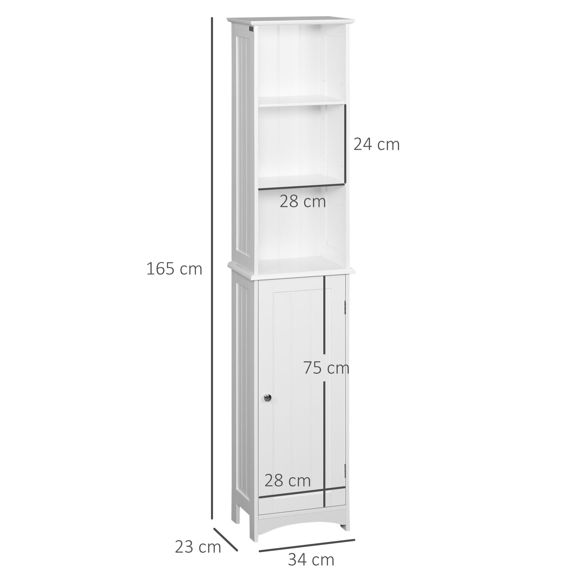 kleankin Armario Alto de Baño Columna Auxiliar de Baño con 3 Compartimientos de Almacenaje Puerta y Estantes Ajustables para Ducha Aseo Dormitorio 34x23x165 cm Blanco