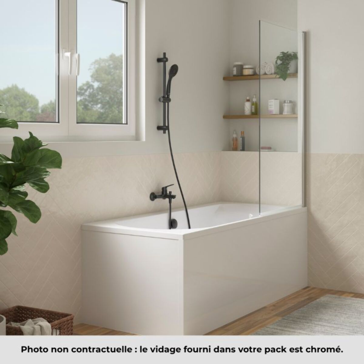 Pack baignoire droite 170 x 75 Elise + pack pommeau et mitigeur bain douche noir mat + pare bain chromé + vidage