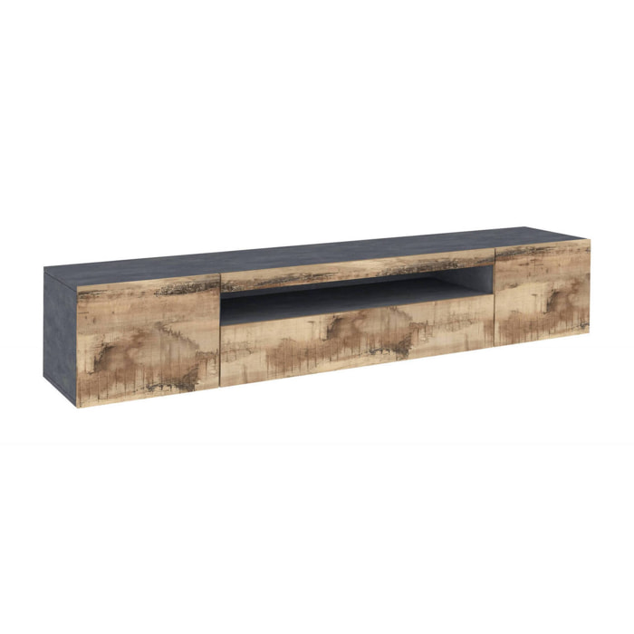 Mobile porta TV Artropodi, Credenza bassa da soggiorno a 3 ante, Base porta televisione, 100% Made in Italy, cm 200x40h37, Ardesia e Acero