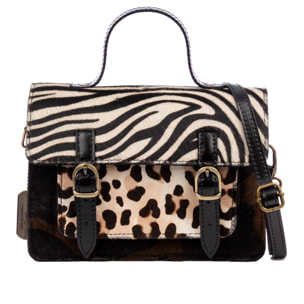 Assoro bolso Satchel con doble hebilla, piel auténtica Cavallino animal print.