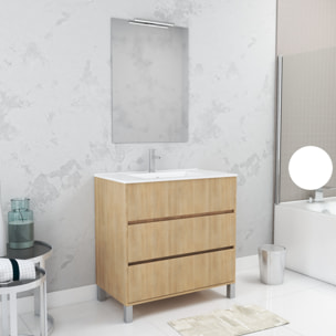Pack Meuble Salle de Bains 80cm Chêne Clair 3 Tiroirs, Vasque, Miroir 60x80 et réglette Led - XENOS