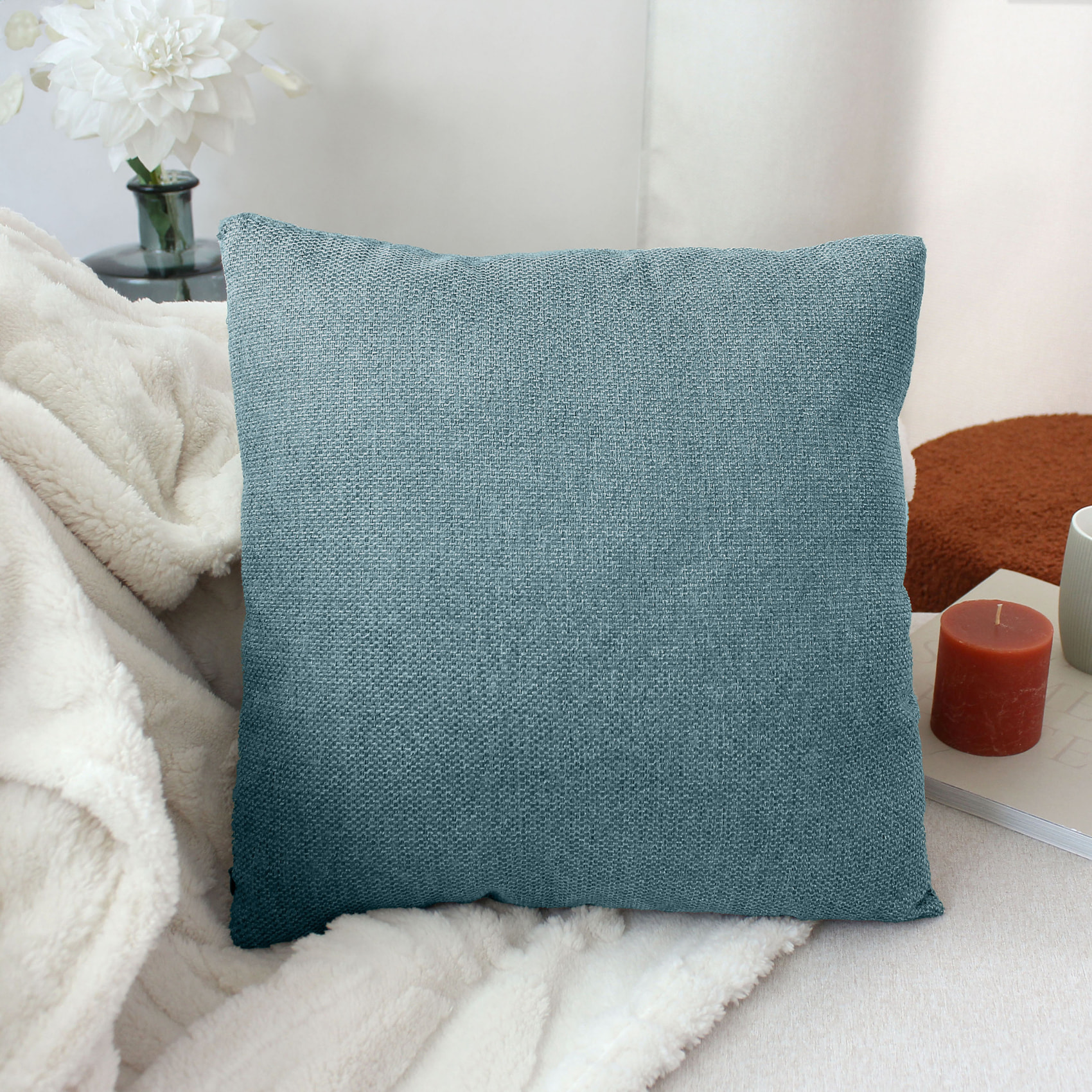 Coussin déhoussable en velours chenillé - Bleu Canard