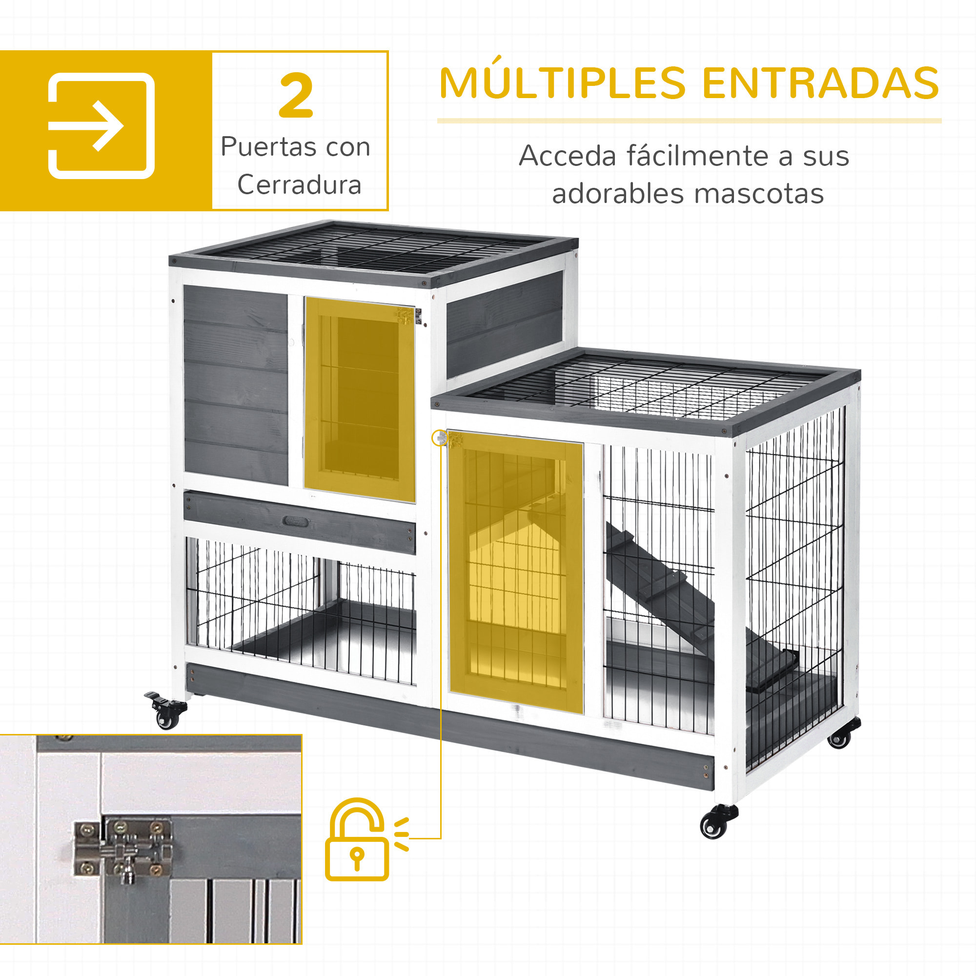 Conejera de Madera Interior con Ruedas Rampa y 2 Bandejas Extraíbles 110x50x86cm