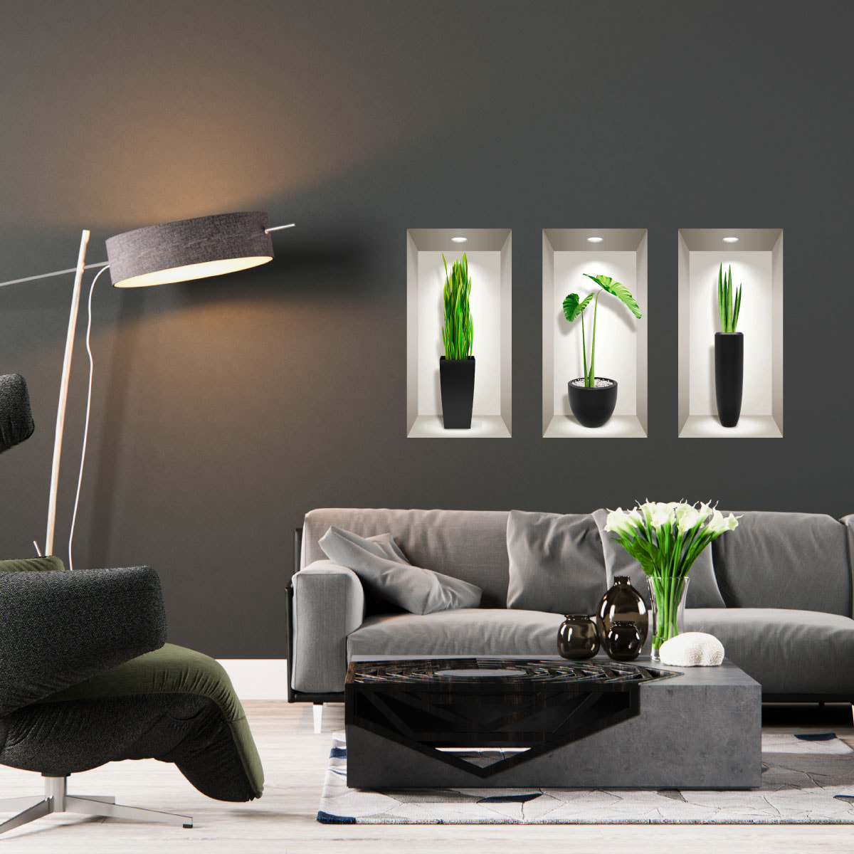 Stickers muraux 3D | Sticker Mural Autocollant effet 3D plantes designs d'intérieur - Stickers adhésifs 3D Chambre Salon Trompe l'oeil