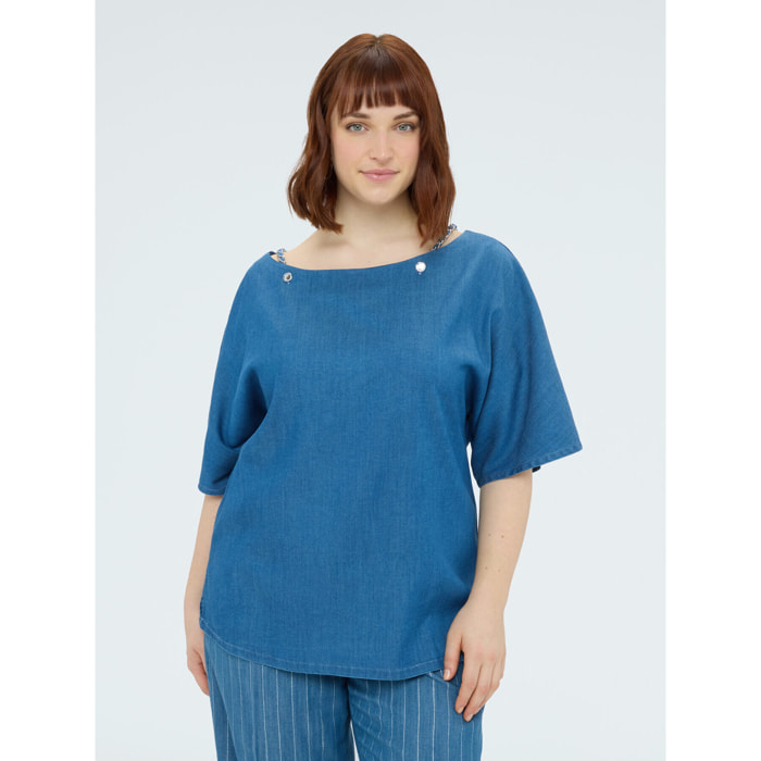 Fiorella Rubino - Blusa con scollo a barchetta in tencel - Blu