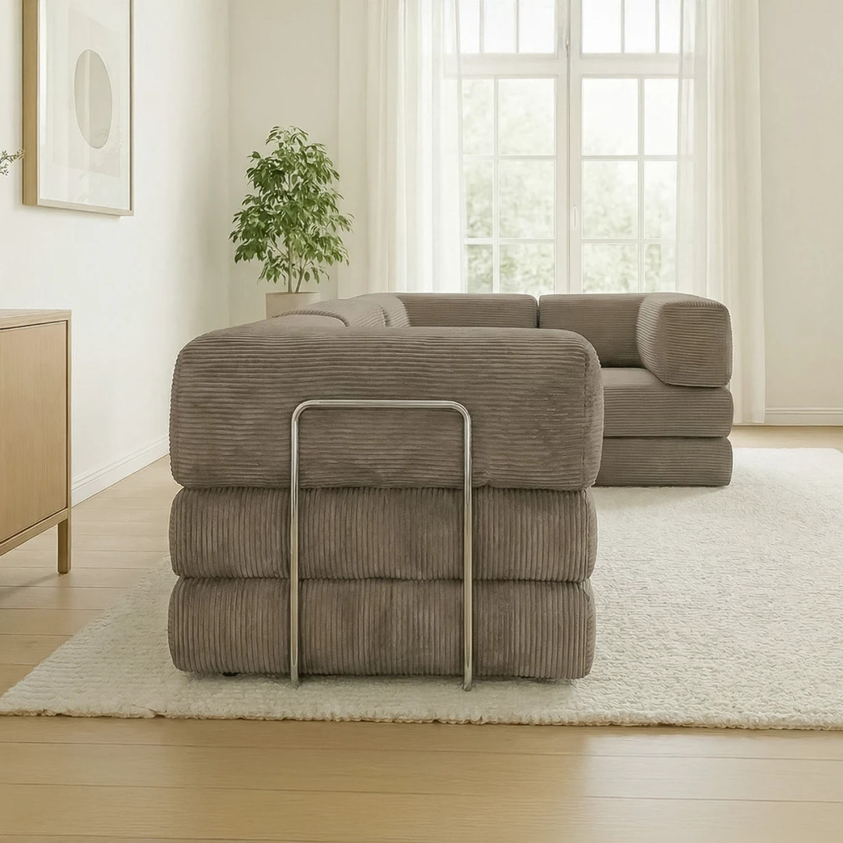 TRENDY - Canapé compressé 5 places angle modulable en velours côtelé taupe