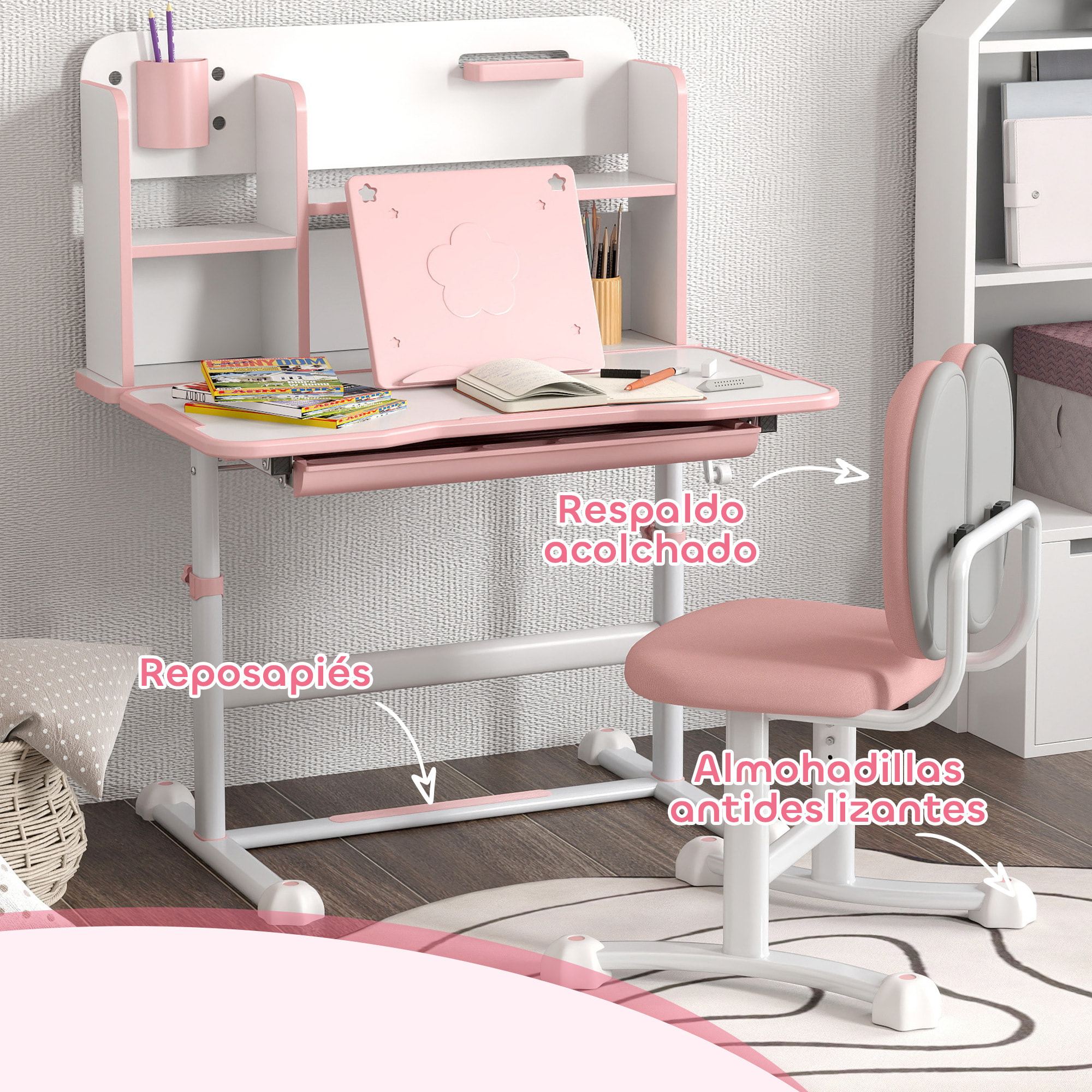 Juego de Escritorio y Silla para Niños de +3 Años, Pupitre Infantil Altura Ajustable con Tablero Inclinable, Cajón y Estantes, Respaldo Acolchado, para Libros, 80x55x107,5 cm, Rosa