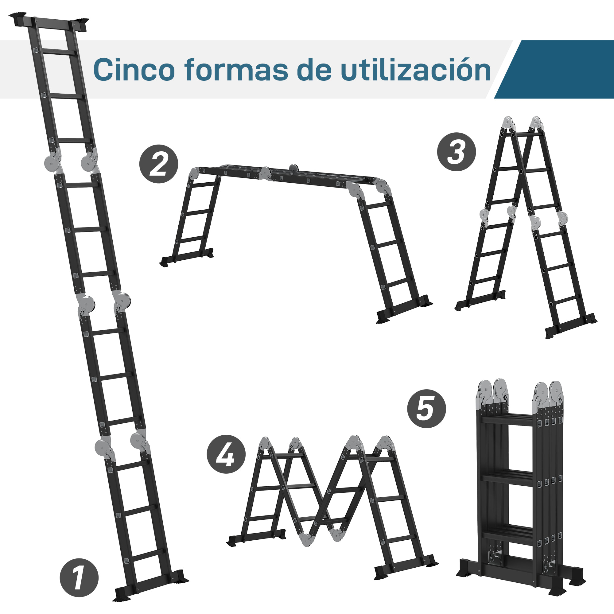 Escalera Multiusos Plegable Escalón Caballete 5 en 1 Portátil con 2 Placas de Plataforma Pie Antideslizante 6 Interruptores Bisagra Aluminio 150 kg 370x61x11 cm Negro