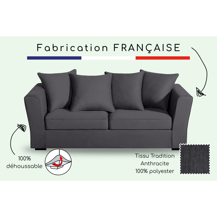 Canapé 3 pl YSER 200 cm fixe tissu Tradition Anthracite - 100% déhoussable - Fabriqué en France