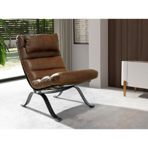 Sillón con asiento y respaldo tapizados en piel de origen vacuno marrón oscuro patas de acero inoxidable lacado efecto metalizado 66x96x90cm