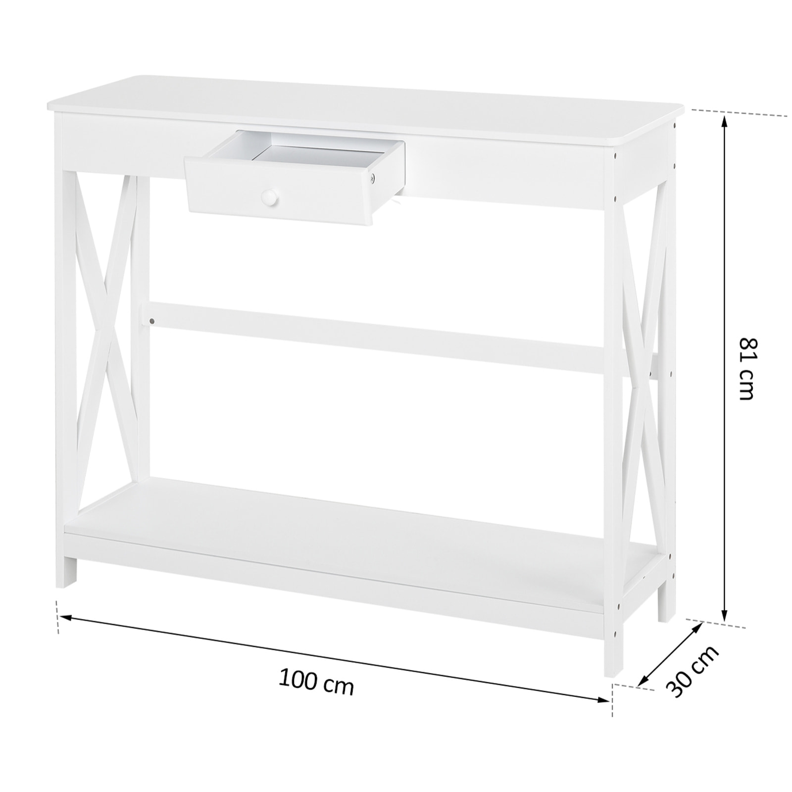 Console style table de drapier néo-rétro tiroir + étagère dim. 100L x 30l x 81H cm MDF blanc