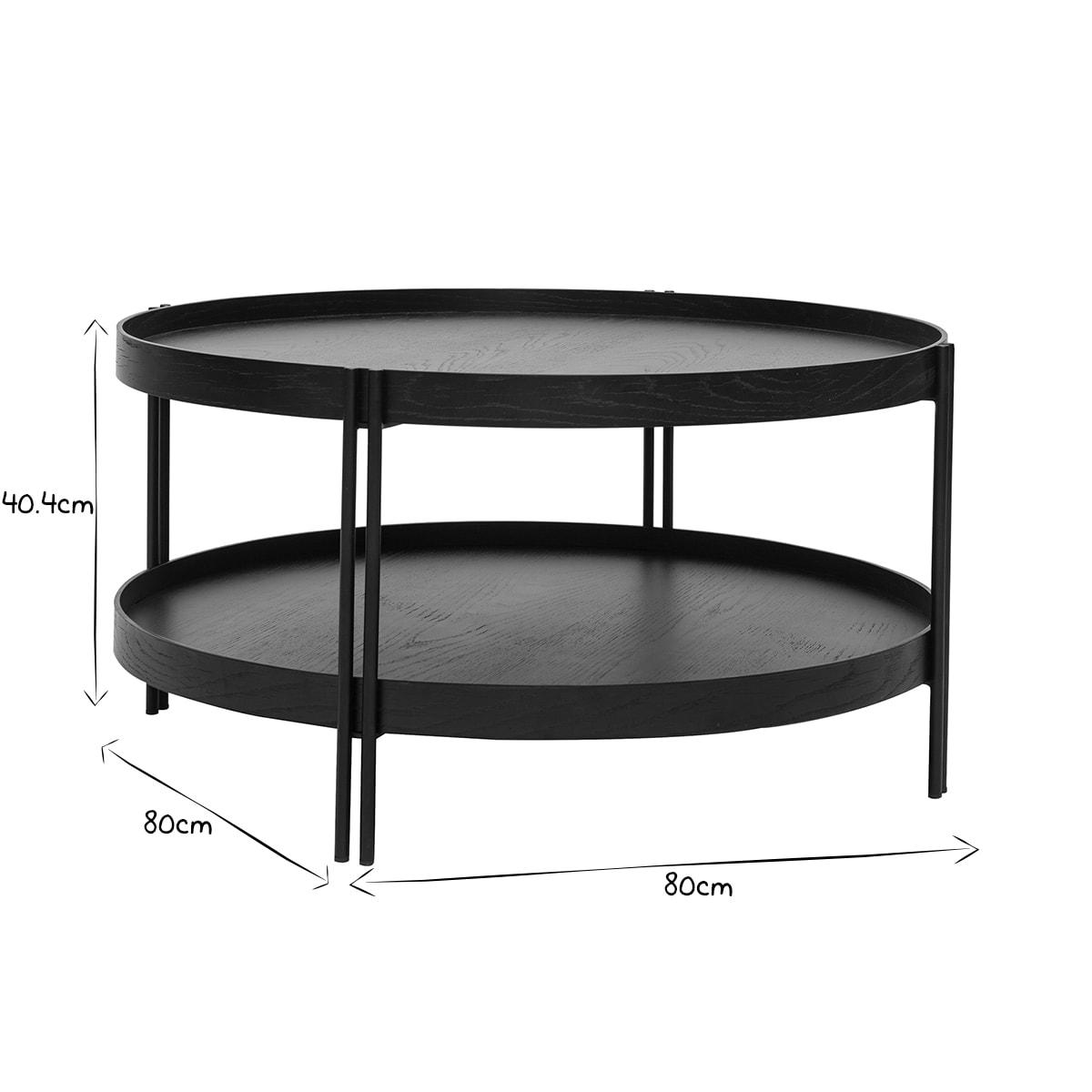 Table basse ronde design bois noir et métal noir D80 cm TWICE