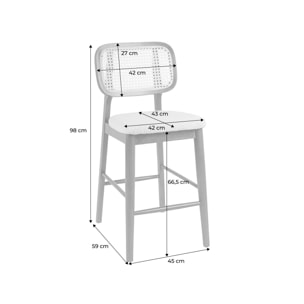 Tabouret de bar vintage bois d'hévéa cannage et tissu 66,5cm (lot de 2) MANI