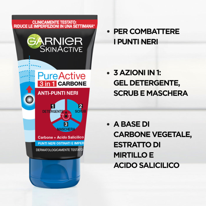 2x Trattamento Viso 3in1 Detergente Scrub Maschera Anti Punti Neri SkinActive Pure Active con Carbone ed Acido Salicilico - 2 Flaconi da 150ml