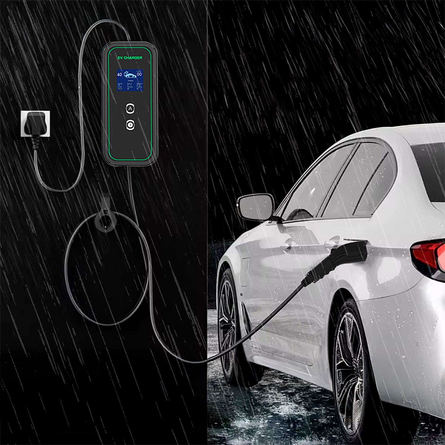 Caricatore trifase A01 per auto elettrica Tipo 2, EV e PHEV, con 16A e 11KW. App di controllo e schermo LCD.