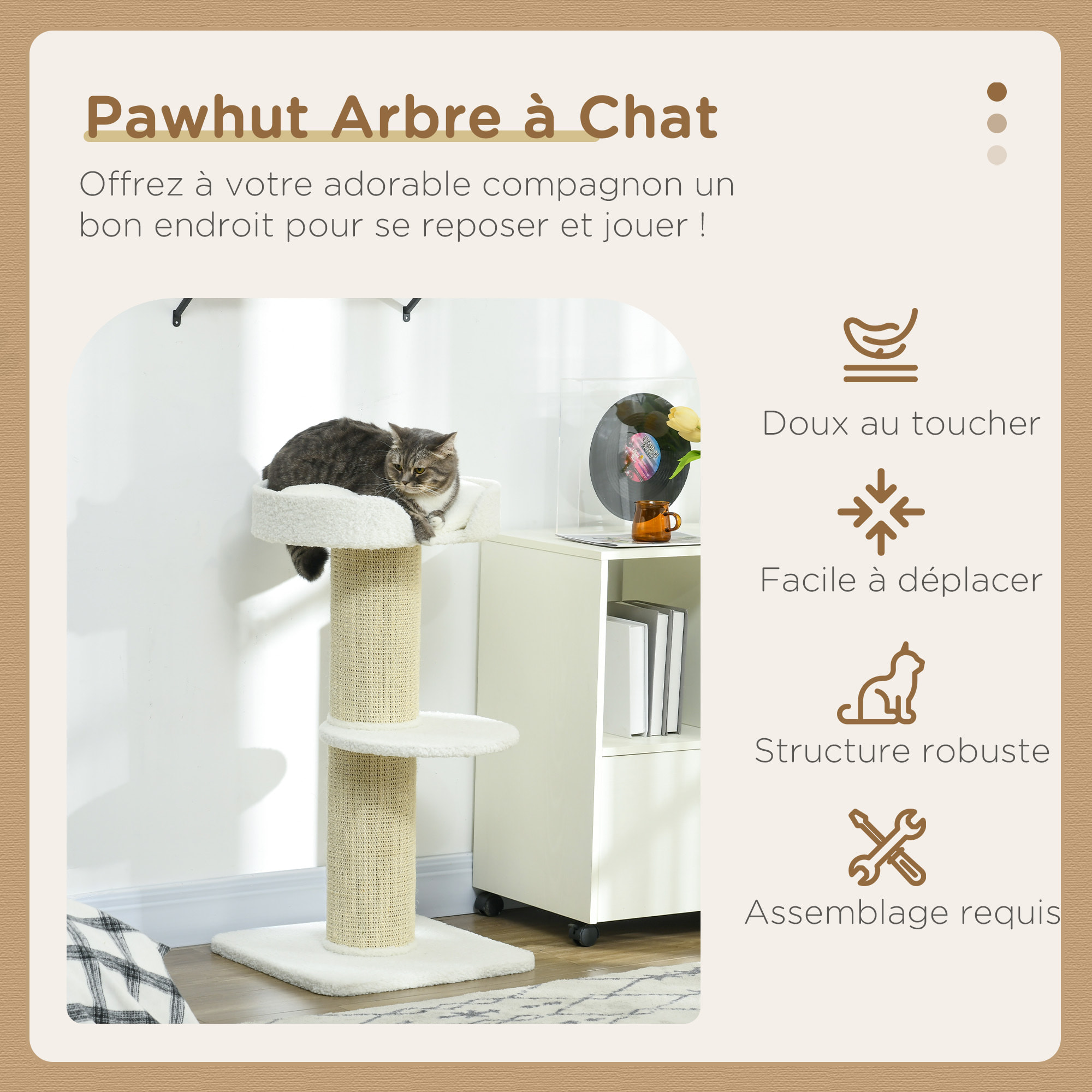 Arbre à chat avec griffoir centre d'activités 2 plateformes coussin crème