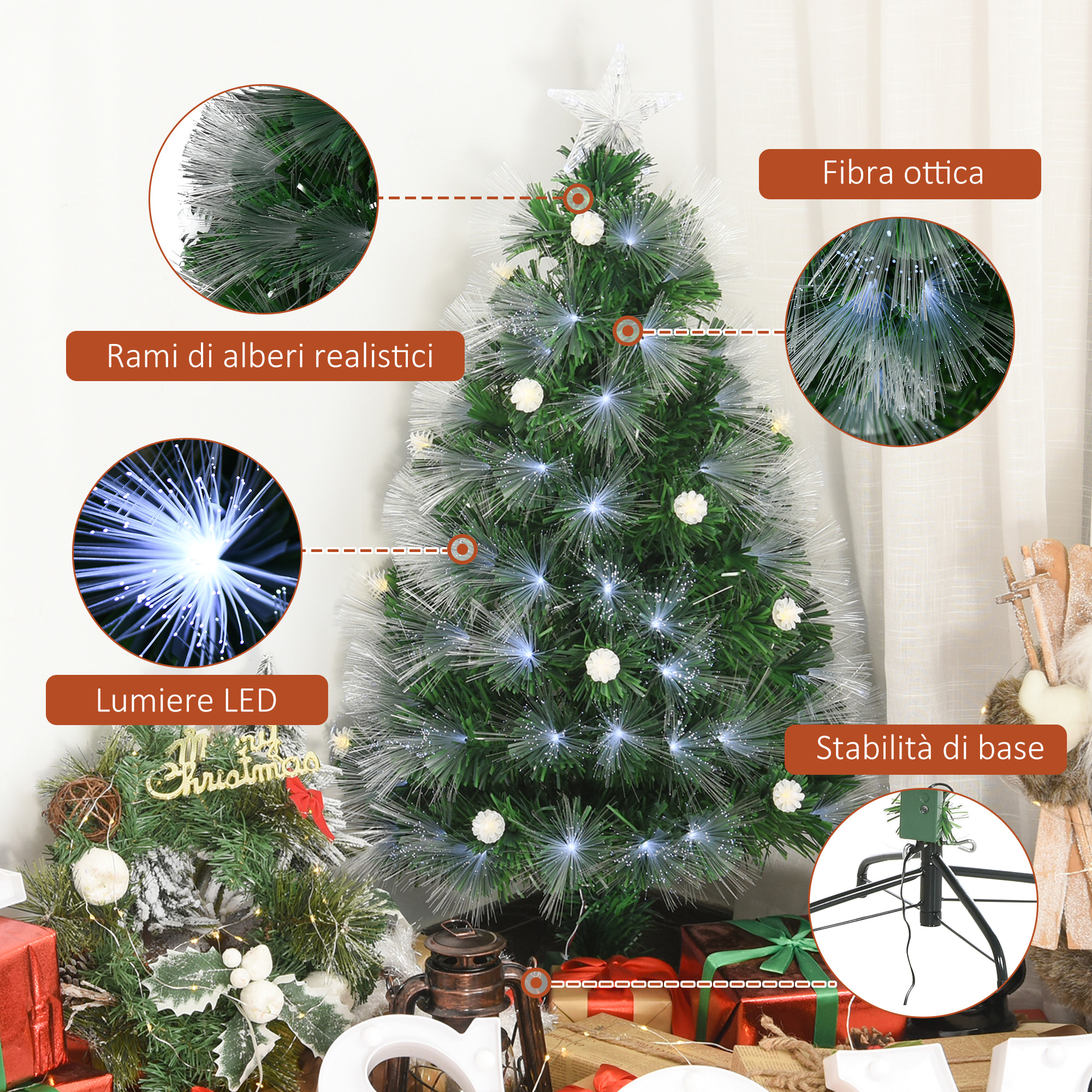 HOMCOM 150cm Albero di natale artificiale rami 180 luce a LED fibre ottiche